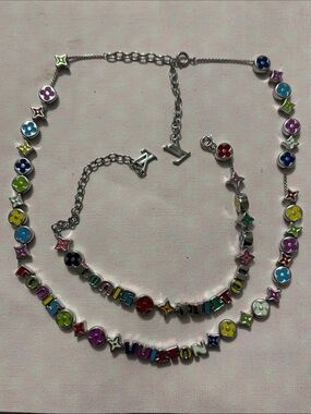 Louis Vuitton Multicolor Enamel Logo and Flower Charm Necklace Set